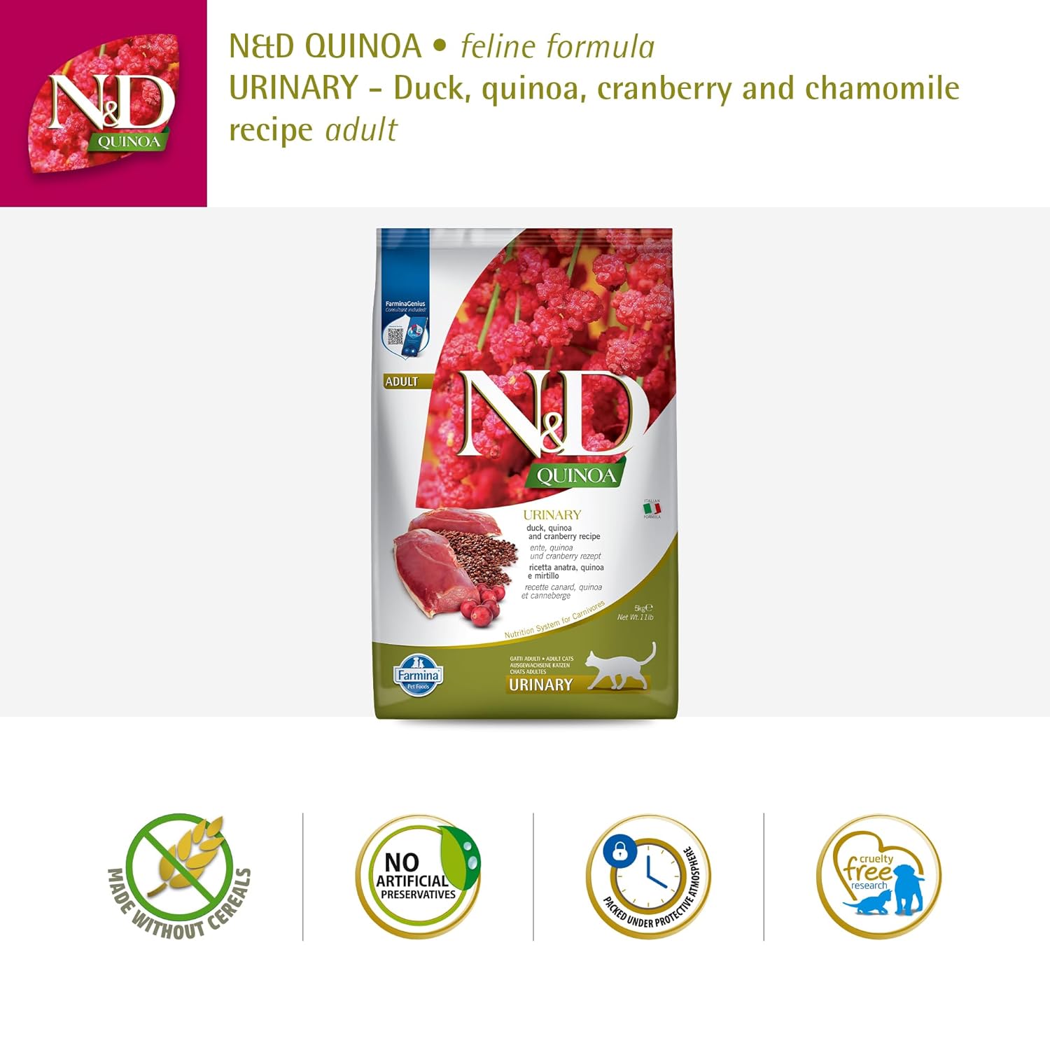 Farmina-nd-quinoa-urinary-cat-food-grain-free-duck-quinoa-cranberry-chamomile-supports-urinary-health-for-adult-cats-1-5kg - Image 5