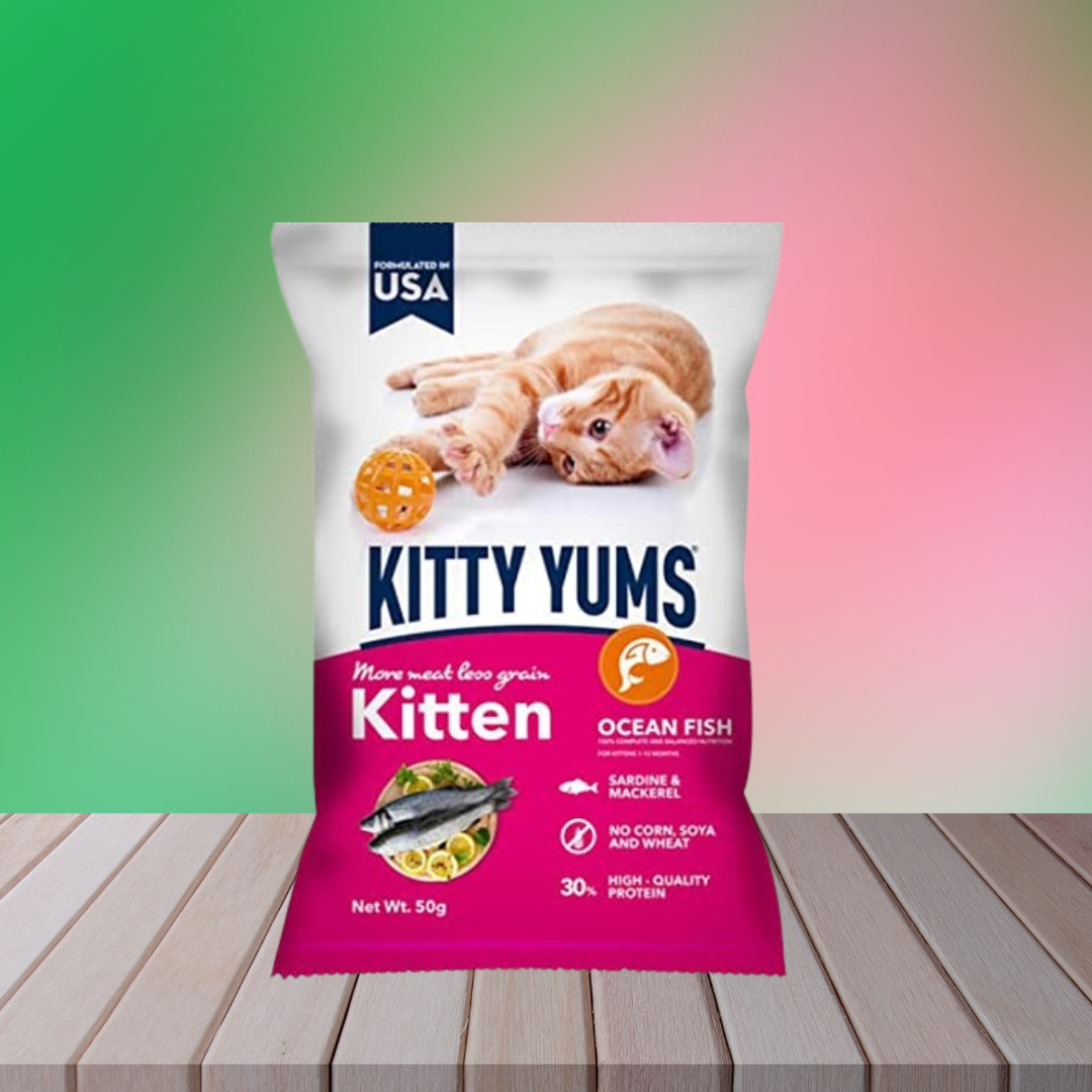 Kitty Yums Kitten Cat Dry Food Ocean Fish 50g pack of 60 - Image 1