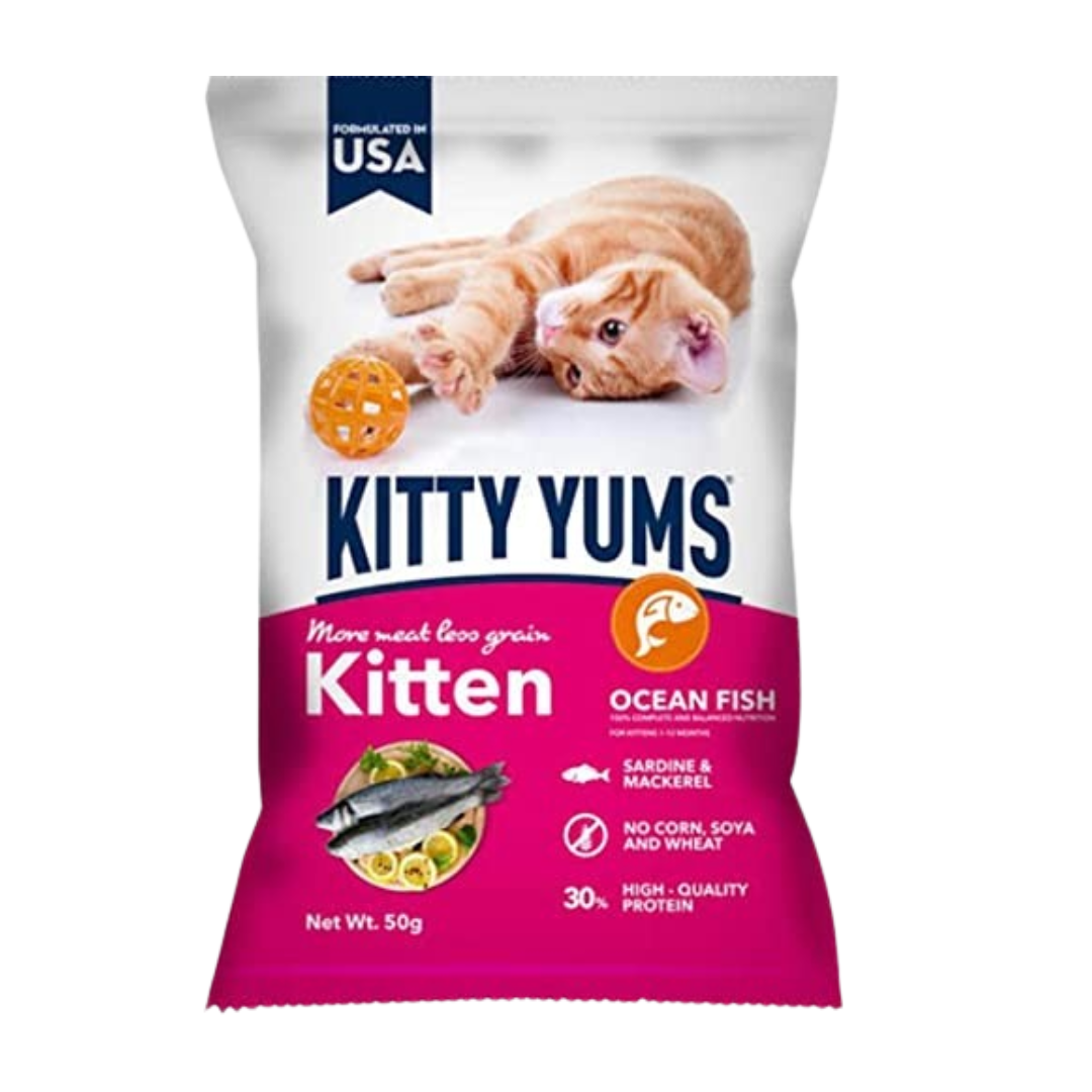 Kitty Yums Kitten Cat Dry Food Ocean Fish 50g pack of 60 - Image 2